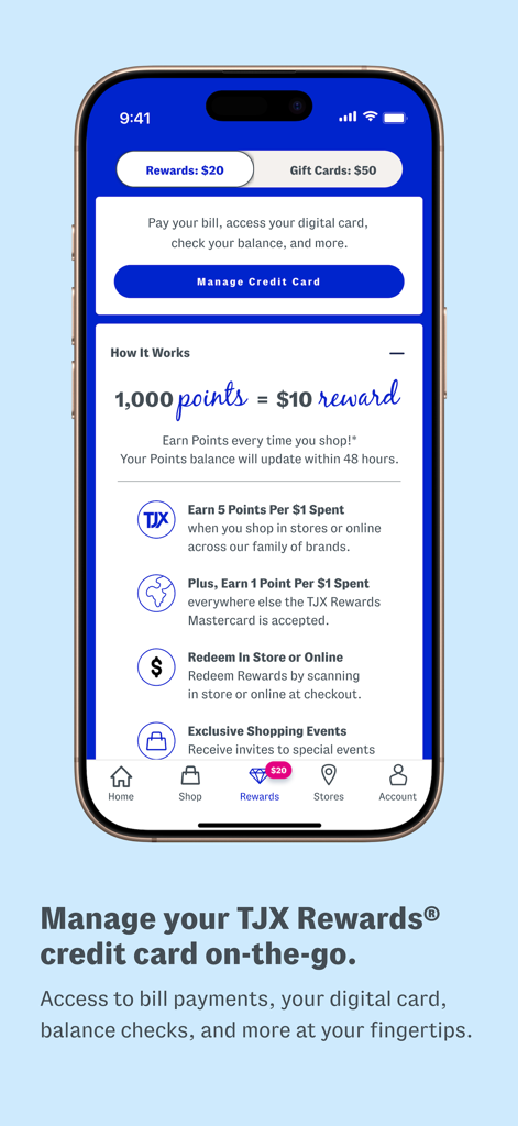 Marshalls Official - TJX Rewardsクレジットカードの管理とポイント追跡のためのMarshallsアプリインターフェース