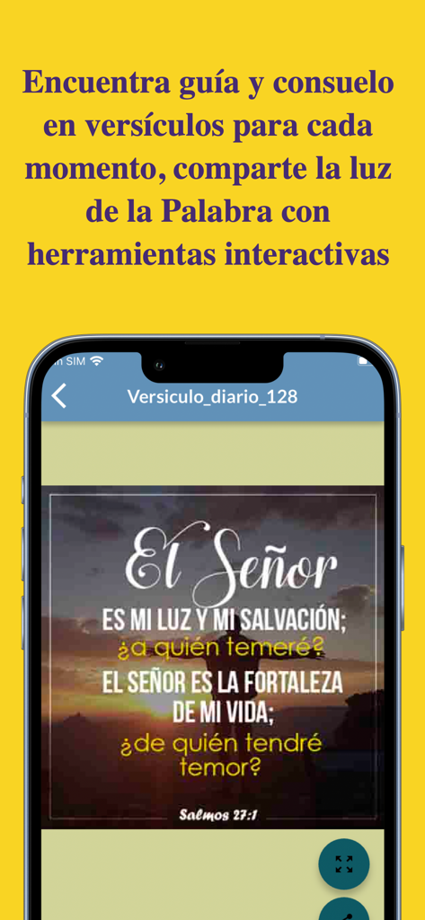 Biblia Reina Valera Español - Interfaz de la aplicación Biblia Reina Valera mostrando un versículo diario del Salmo 27:1 en español sobre un fondo inspirador