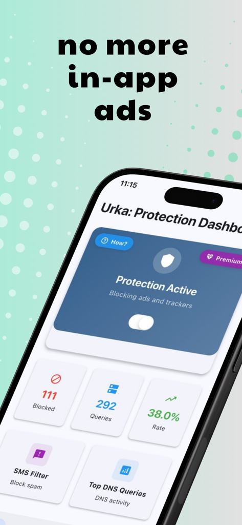 Ad blocker: Urka - Secure DNS - Painel de proteção do aplicativo Urka no iPhone mostrando estatísticas ativas de bloqueio de anúncios e rastreadores.