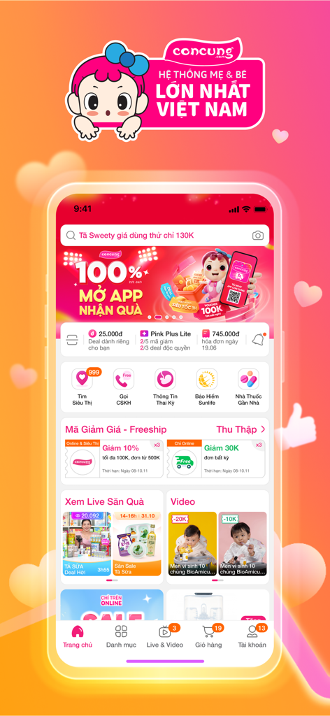 Con Cưng #1 Mẹ và Bé - Écran d'accueil de l'application mobile Con Cung pour le shopping mère et bébé, présentant diverses offres et catégories de produits
