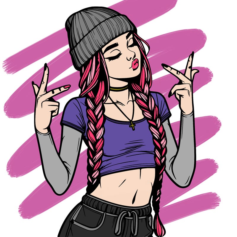 realistic teenage girl with braids and a beanie and crop top doing 🫶🏼