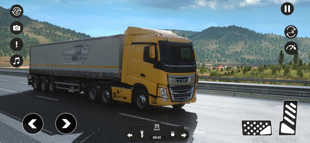 Truck Driving Simulator 2024 - A yellow semi truck driving on a highway through a hilly landscape in Truck Driving Simulator 2024