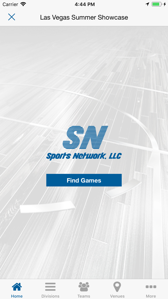 Sports Network 앱의 홈 화면, 찾기 버튼 및 부서, 팀, 경기장과 같은 토너먼트 세부 정보 탐색 기능 포함