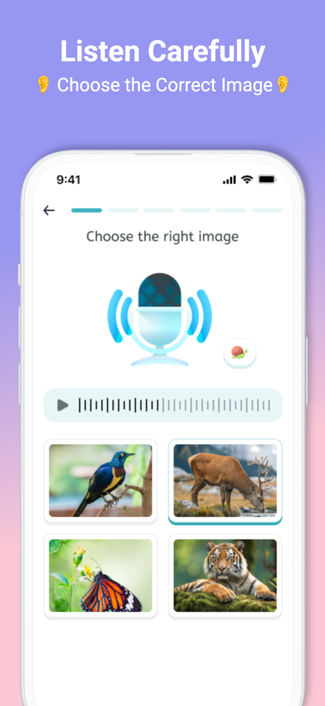 Captura de pantalla de la aplicación Taleek de un ejercicio de escucha que pide a los usuarios que elijan la imagen correcta.