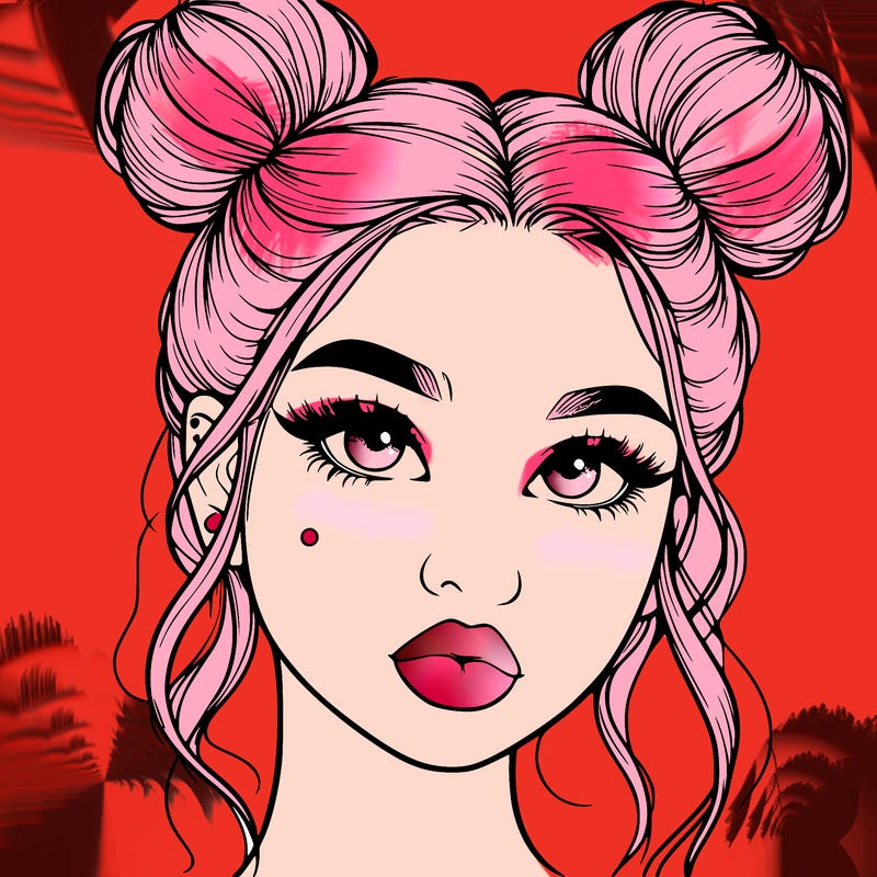 realistic girl with two buns on her hair and lips
