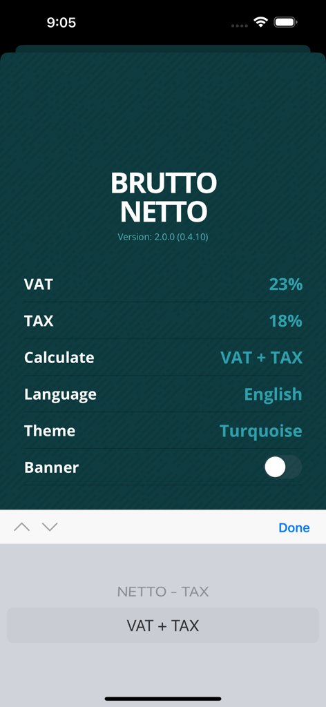Settings screen of the Brutto Netto app with VAT and tax calculation options