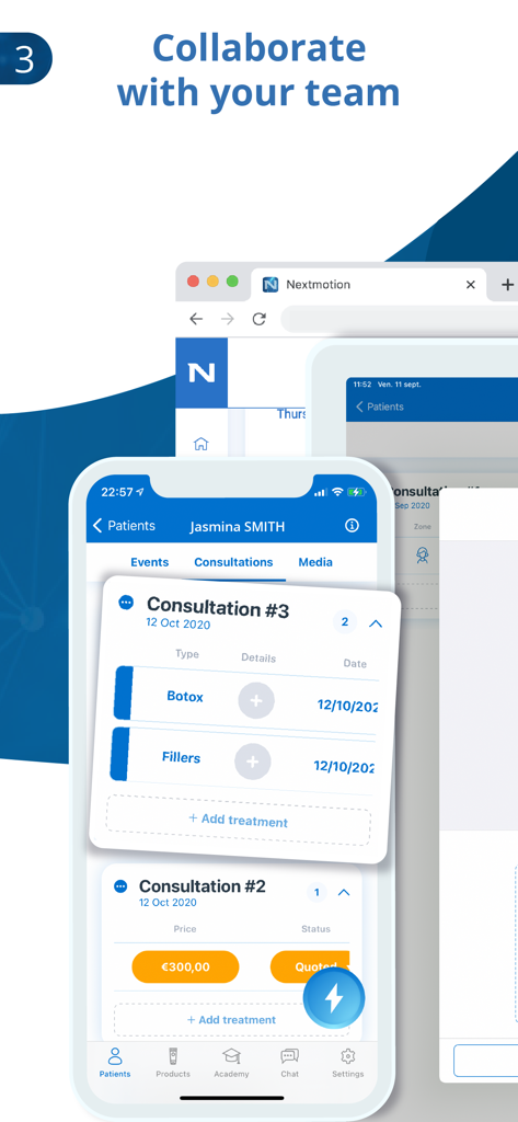 Interface of NM Capture app showing patient consultation records and team collaboration features