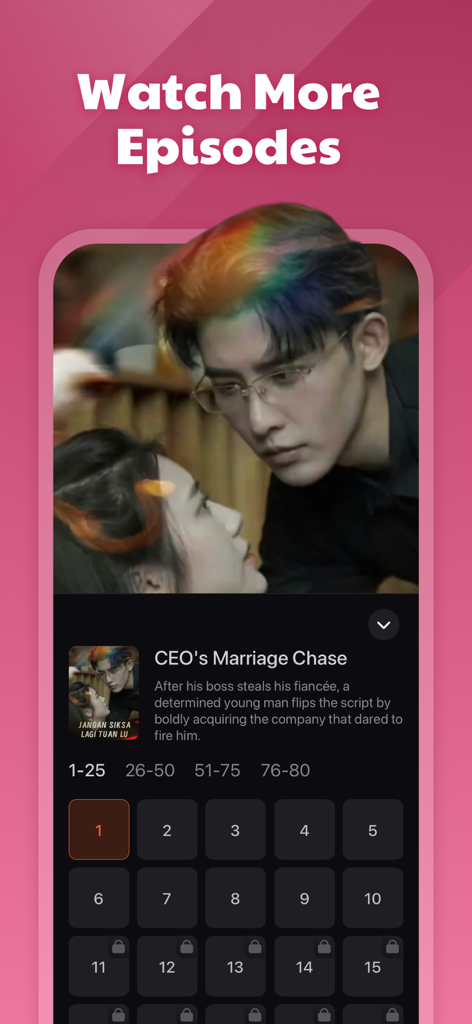 Crazy Popcorn app interface showing a list of drama episodes for a series called CEOs Marriage Chase