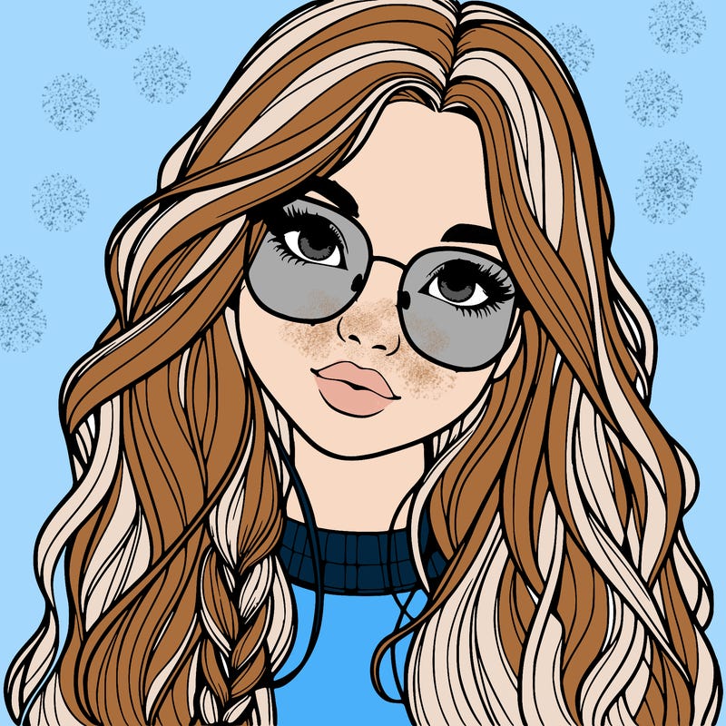 girl with long hair and freckles and glasses realistic