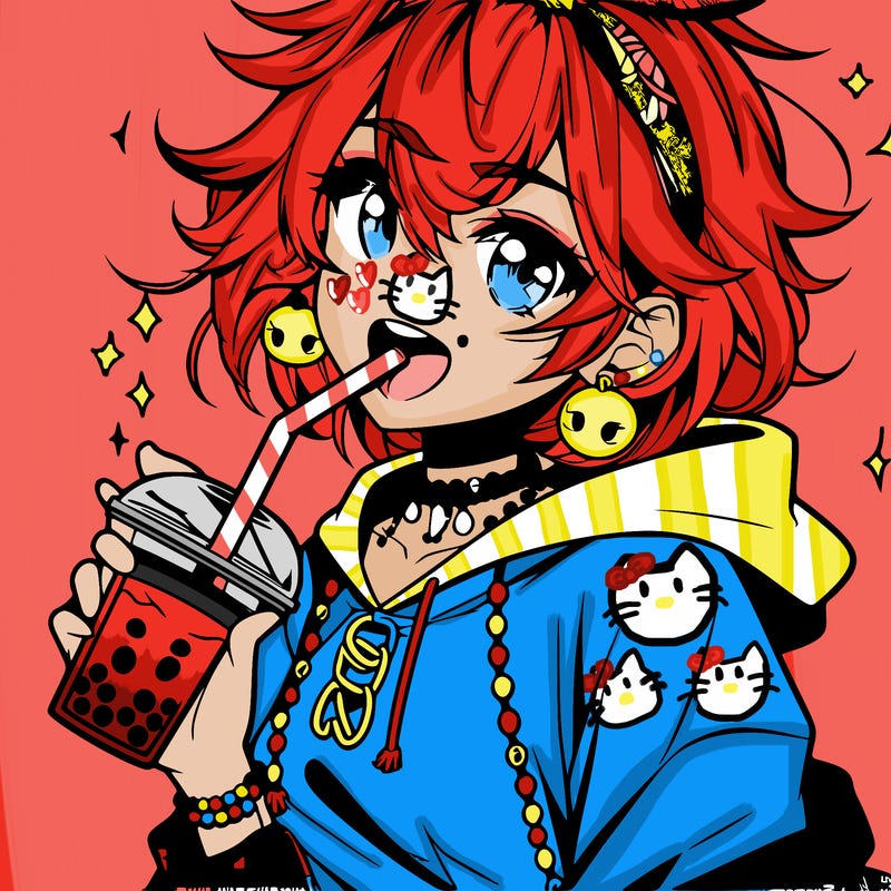 hot baddie anime girl drinking boba and biting the straw