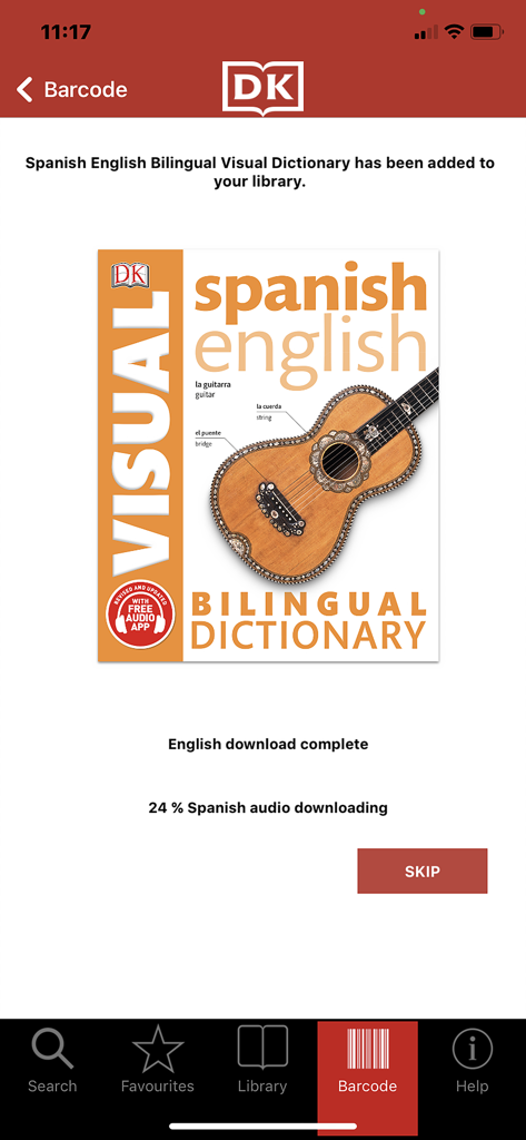 DK Visual Dictionary (2017) - DK Visual Dictionary app interface showing Spanish English book added and audio download status