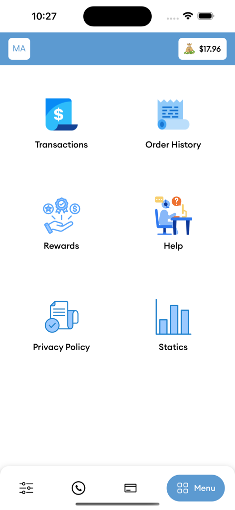 SMS Virtual app account menu screen showing icons for transactions order history rewards help privacy policy and statistics