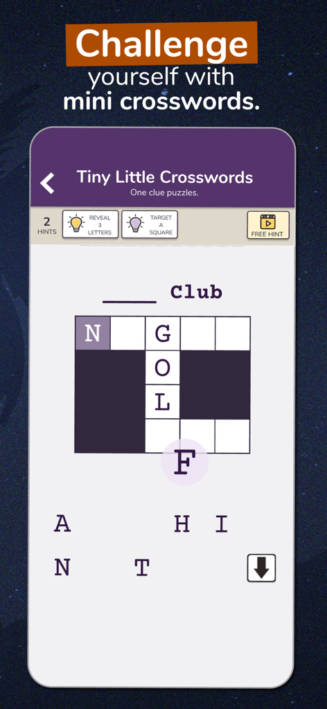 A mini crossword puzzle interface from the Tiny Little Crosswords game mode in the 7 Little Words and More app