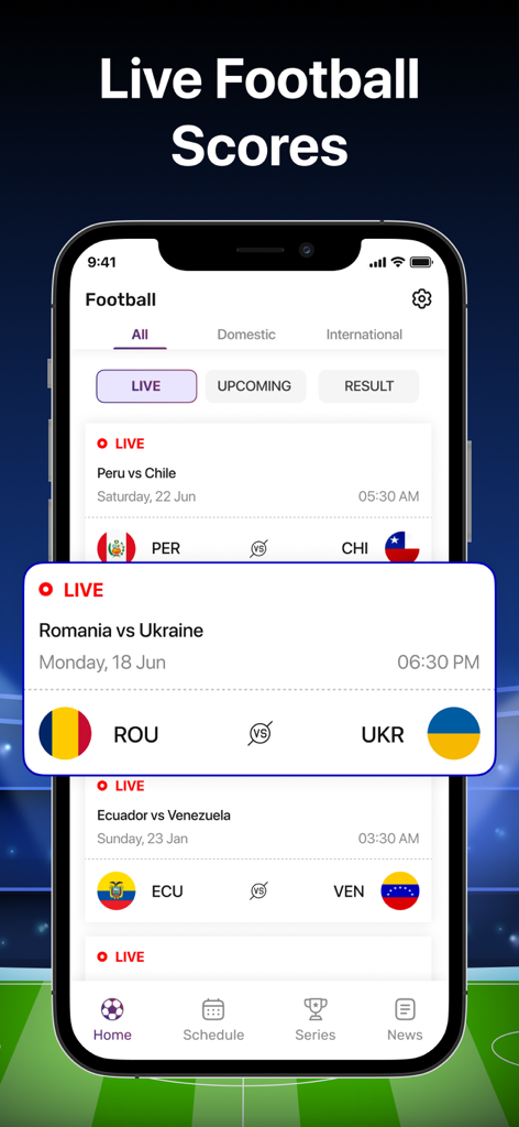 Live Football TV : All Matches - A smartphone showing live international football scores and match updates for leagues across the world.