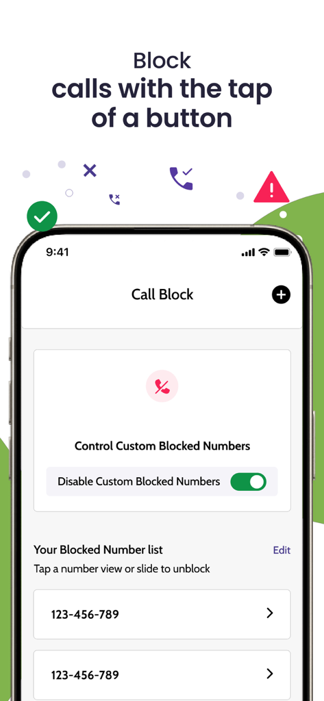 BeenVerified app screen showing the Call Block feature with a toggle to manage blocked numbers and a list of blocked contacts