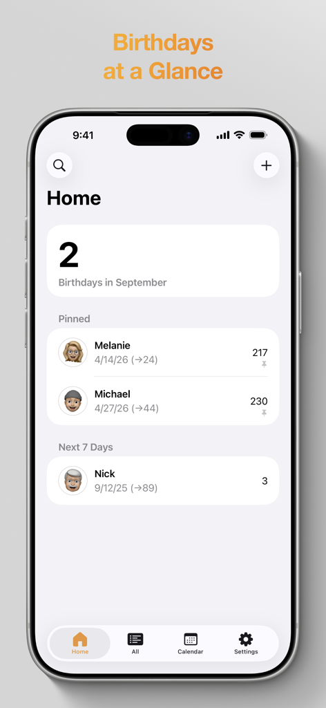 Birthdays: Birthday App - Birthdays app home screen on iPhone showing an overview of upcoming celebrations and pinned contacts.