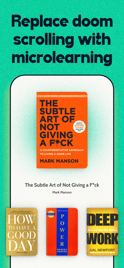 Interfaccia dell'app Deepstash che mostra riassunti di libri popolari per sostituire il doom scrolling con il micro-apprendimento