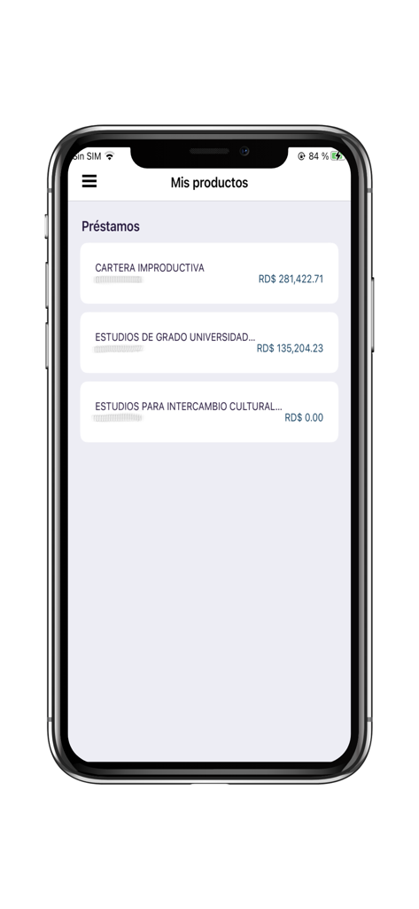 Fundapec - Fundapec mobile app interface showing a list of educational loans and account balances in Dominican Pesos.