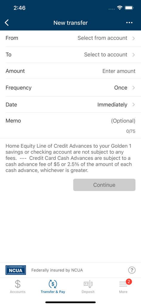 Interface for setting up a new money transfer in the Golden 1 Mobile app
