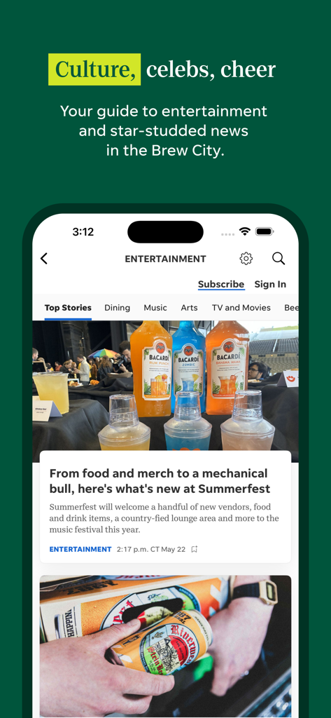 Milwaukee Journal Sentinel - ミルウォーキー・ジャーナル・センティネル アプリのエンターテイメントセクションを示すスクリーンショット。ミルウォーキーのローカルカルチャーとイベントニュースが特集されています。