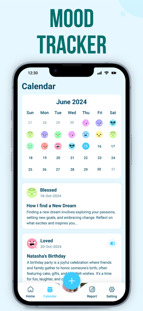 My Diary : Diary With Password - 日記アプリ内で絵文字アイコンと日記エントリが表示された気分追跡カレンダーを表示する携帯電話