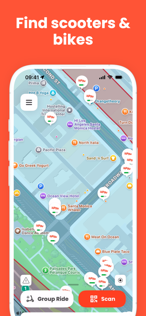 Spin app map interface showing locations of nearby electric scooters