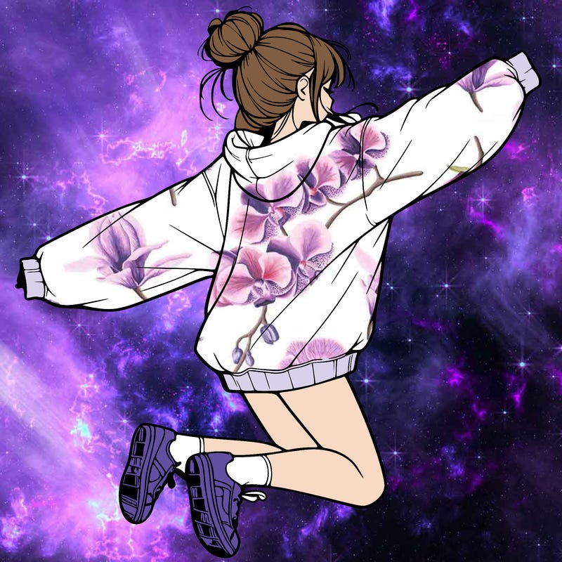 realistic girl jumping with a bun and oversized sweatshirt