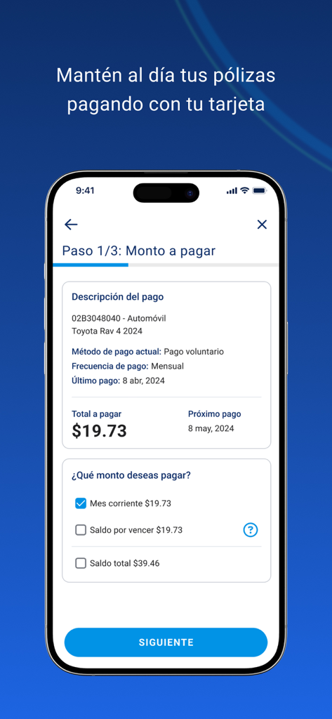ASSA Compañia de Seguros - Mobile screen of the ASSA insurance app showing the first step of a car policy payment in Spanish