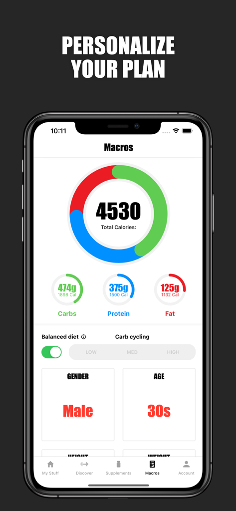 V Shred app dashboard showing personalized calorie and macronutrient tracking for carbs protein and fat