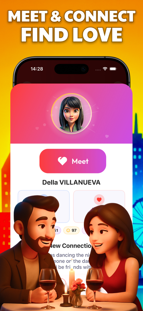 Business Game - Life Simulator - A screenshot of the relationship management feature in Business Game Life Simulator showing a couple on a romantic date and a profile interface for meeting new people