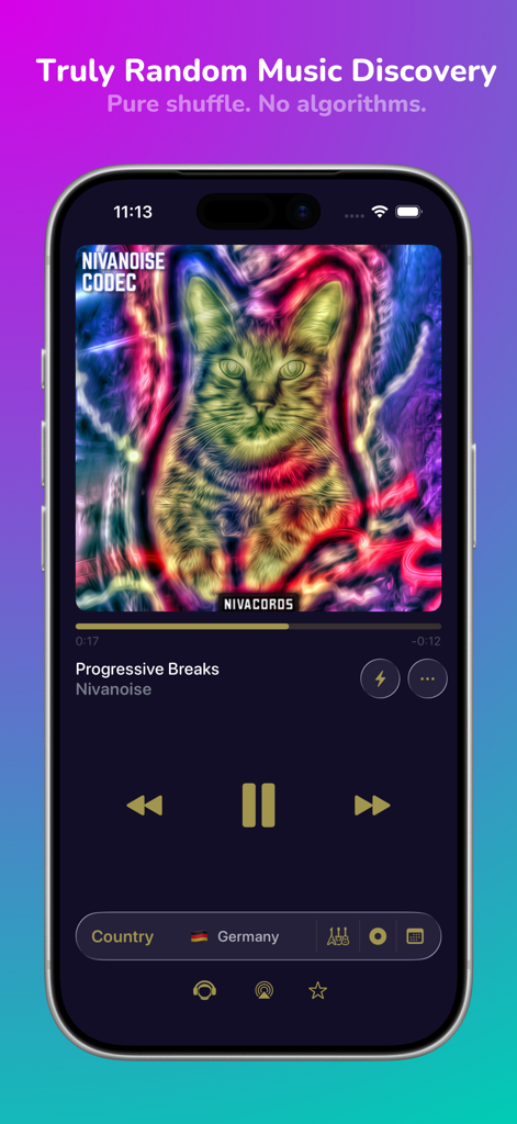 Univershuffle: Discover Music - Univershuffle app interface for truly random music discovery showing a song player with country filters