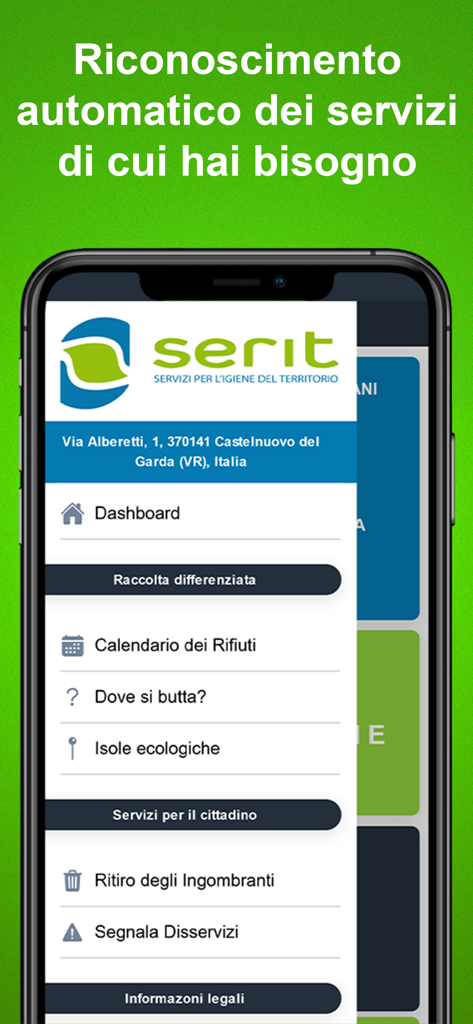 Teléfono inteligente que muestra el panel de control de la aplicación Serit con opciones de menú para calendarios de residuos y servicios de reciclaje