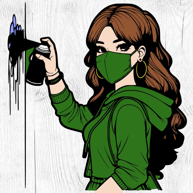 realistic girl with mask spray painting a wall