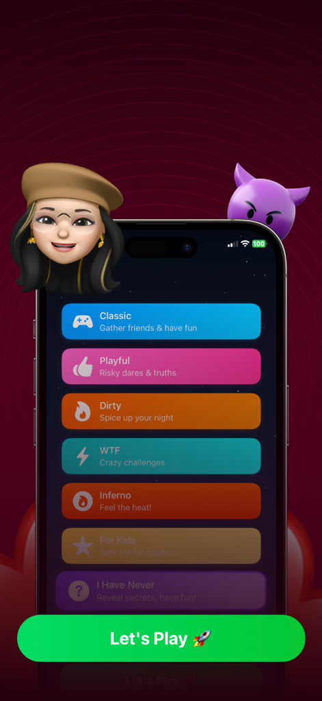 Truth or Dare Spicy Party Game - Tela de seleção do Jogo de Festa Verdade ou Desafio mostrando categorias de jogo como Clássico, Divertido, Safado e Inferno.