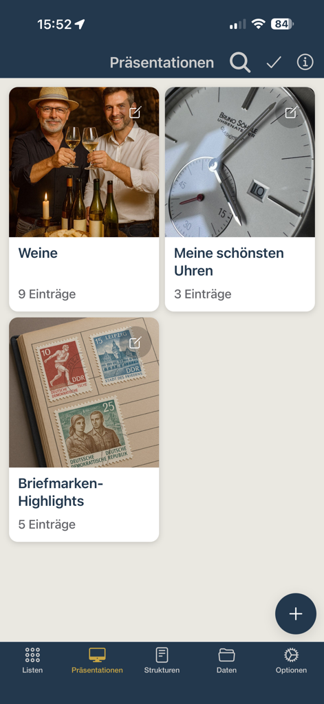 CollectAll Collections - Um painel no aplicativo CollectAll exibindo categorias organizadas para vinhos, relógios e selos.