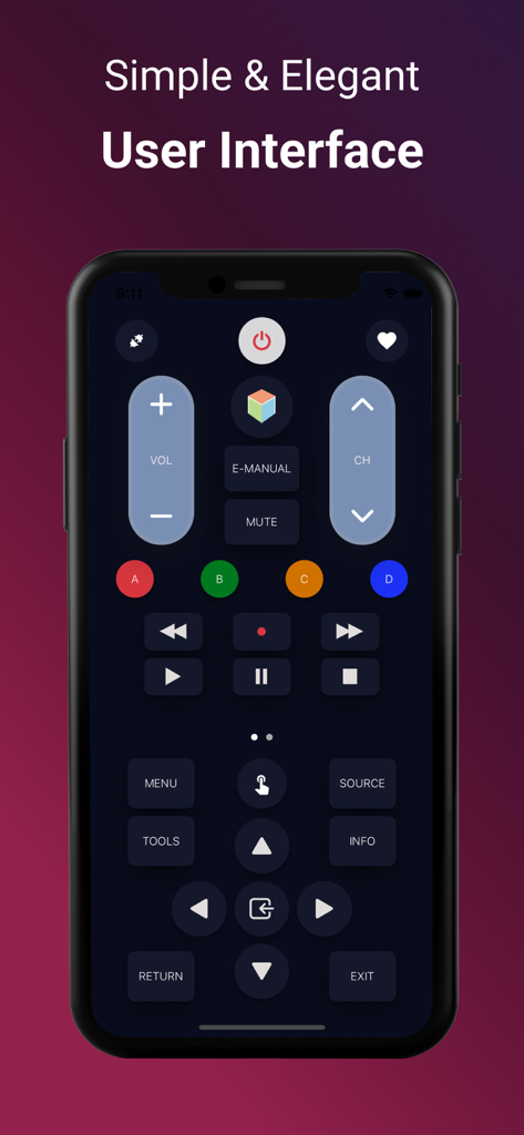 TV Remote for LG - Pantalla de un smartphone mostrando una interfaz de control remoto digital para un televisor LG con botones de volumen y navegación.