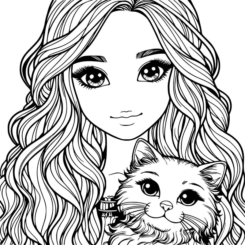 a realistic girl with long wavy hair and a realistic cat in her arms