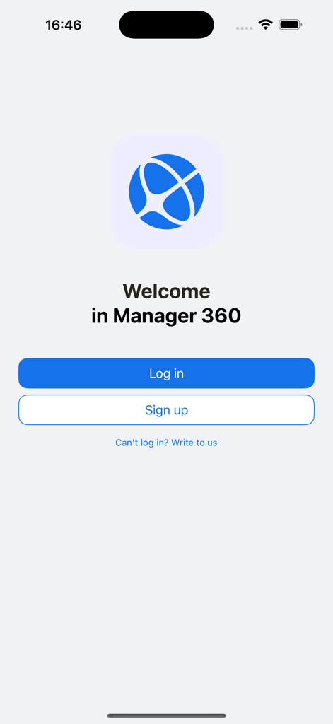 Manager 360 - Welcome screen of the Manager 360 app showing the logo and options to log in or sign up