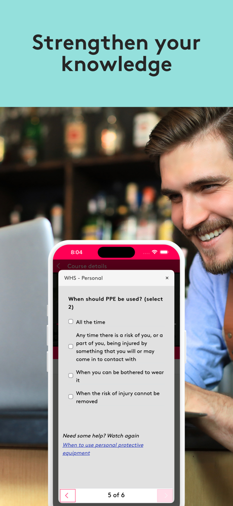 Typsy Mobile - A hospitality professional using the Typsy Mobile app to take a training quiz on workplace health and safety