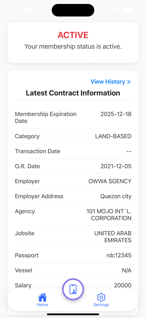 OWWA Mobile App - OWWA Mobile App screen displaying active membership status and detailed contract information for an overseas worker.