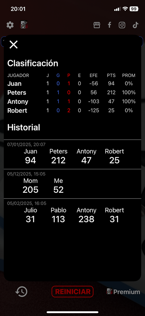 Schermata dell'app Domino Apunte che mostra le classifiche dei giocatori e la cronologia delle partite