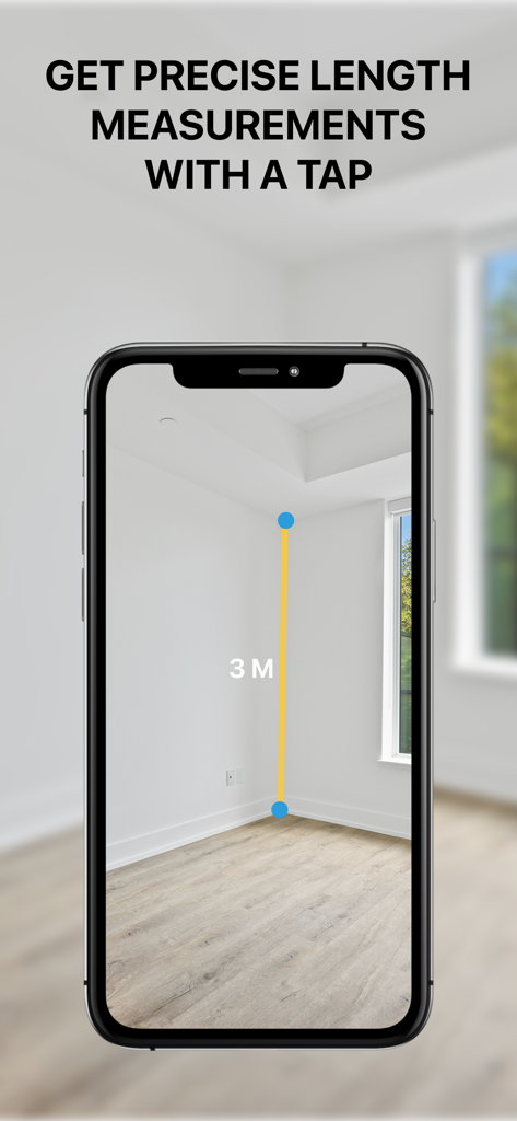 Measure Height With Camera App - A smartphone screen showing an AR measurement of a room wall height being 3 meters