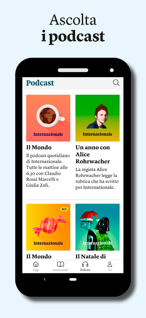 Internazionale - Internazionaleモバイルアプリのポッドキャストインターフェース。イタリア語のニュースや文化のオーディオプログラムのリストが表示されています。