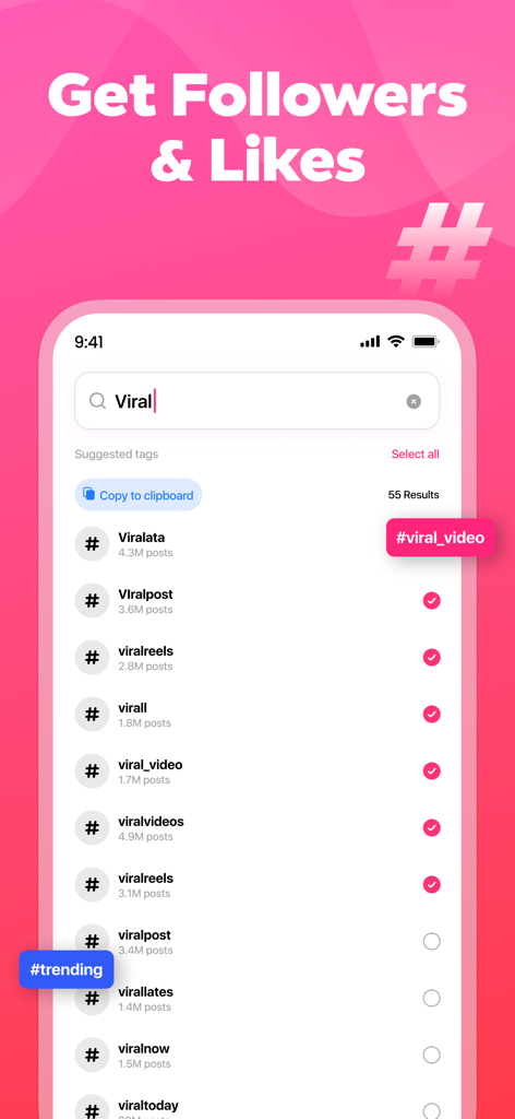 Faster Repost IG Reels & Story - ユーザーがより多くのフォロワーといいねを獲得するのに役立つ、バイラルハッシュタグの提案と投稿数を表示するFaster Repostアプリの画面