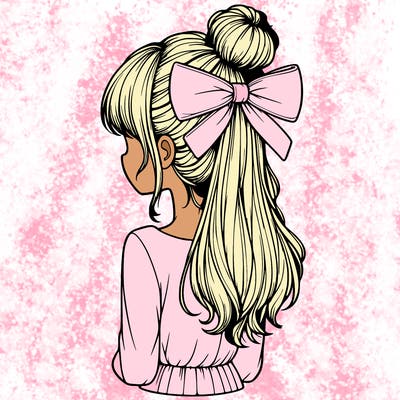 realistic girl  with hip length hair a bun and a big bow on the back of head