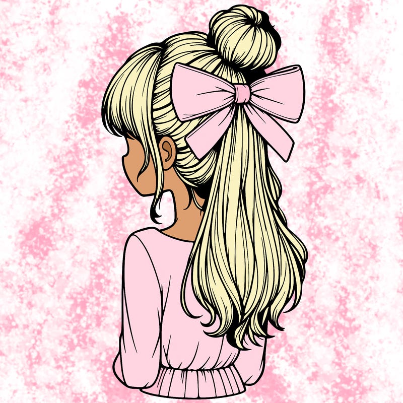 realistic girl  with hip length hair a bun and a big bow on the back of head