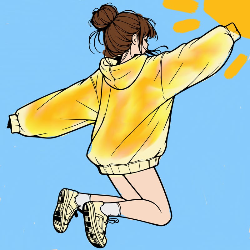 realistic girl jumping with a bun and oversized sweatshirt