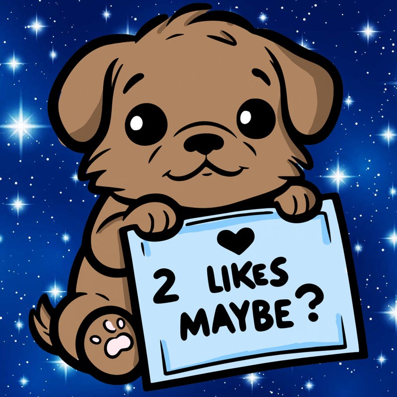 a puppy holding a sign that says 2 likes maybe?