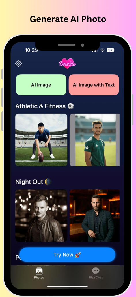 Interfaz de la aplicación Dazzle que muestra opciones de fotos generadas por IA para perfiles de citas.