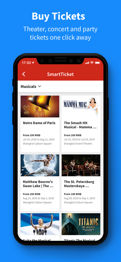 뮤지컬 및 연극 공연 티켓 목록을 보여주는 SmartShanghai 앱 인터페이스